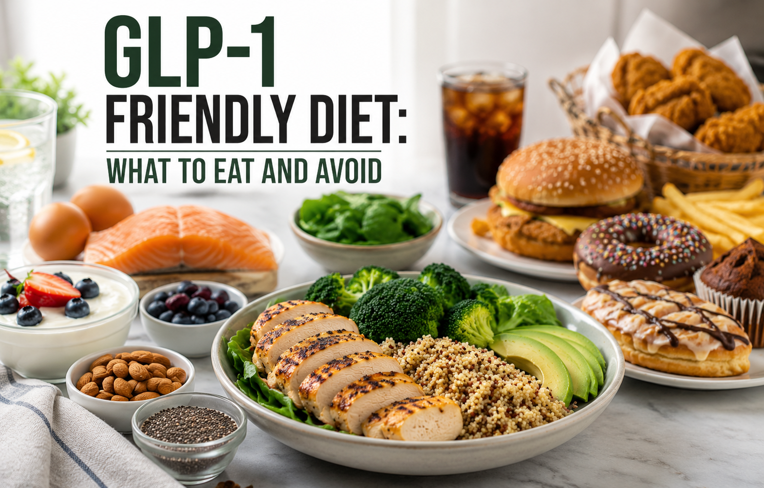 GLP-1-friendly foods to eat and avoid, featuring nutritious meals and healthy food choices.