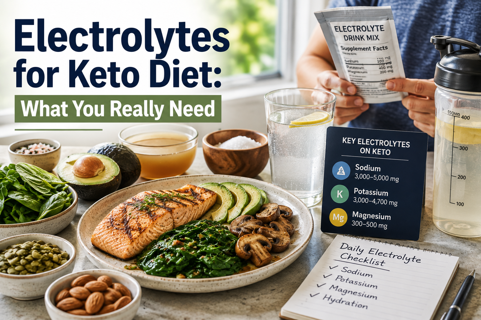 Electrolyte-rich foods and drinks for maintaining hydration on a keto diet.