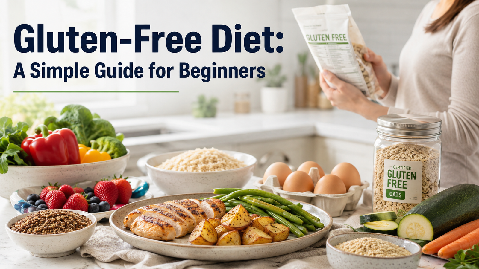 Gluten-free foods for beginners, including fresh produce, grains, and healthy meal options.