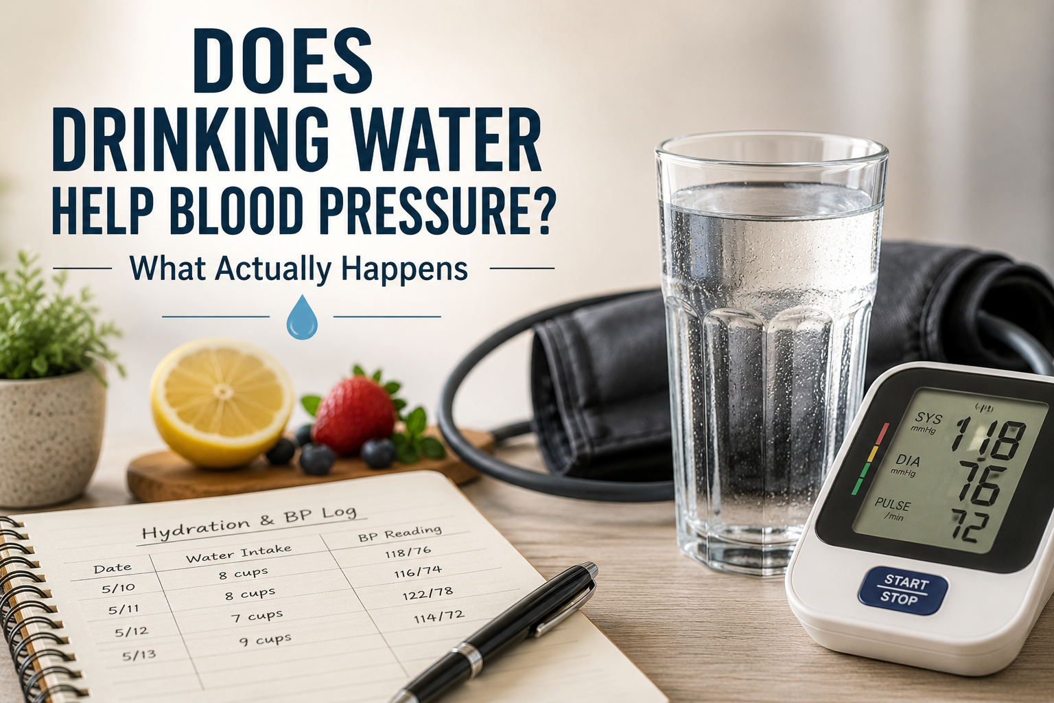Drinking water and its potential effects on blood pressure and hydration.