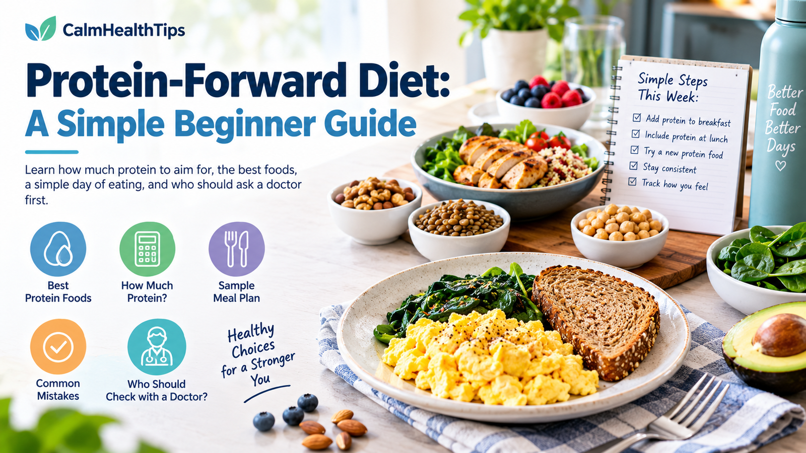 Protein-forward diet guide for beginners featuring protein-rich foods, balanced meals, and simple tips for healthy eating.